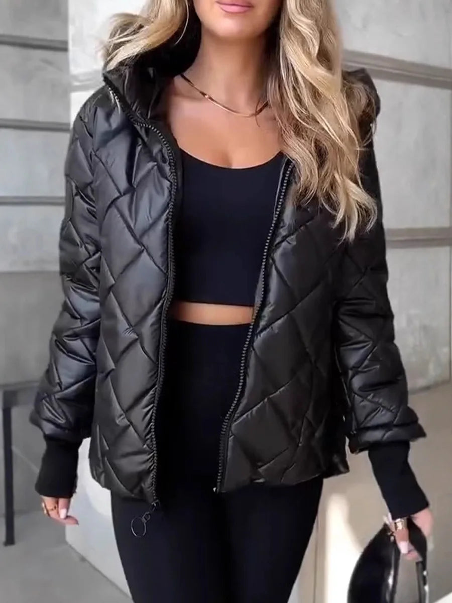 Damen Steppjacke mit Kapuze – Raute Design, Kurz Geschnitten, Bordeauxrot