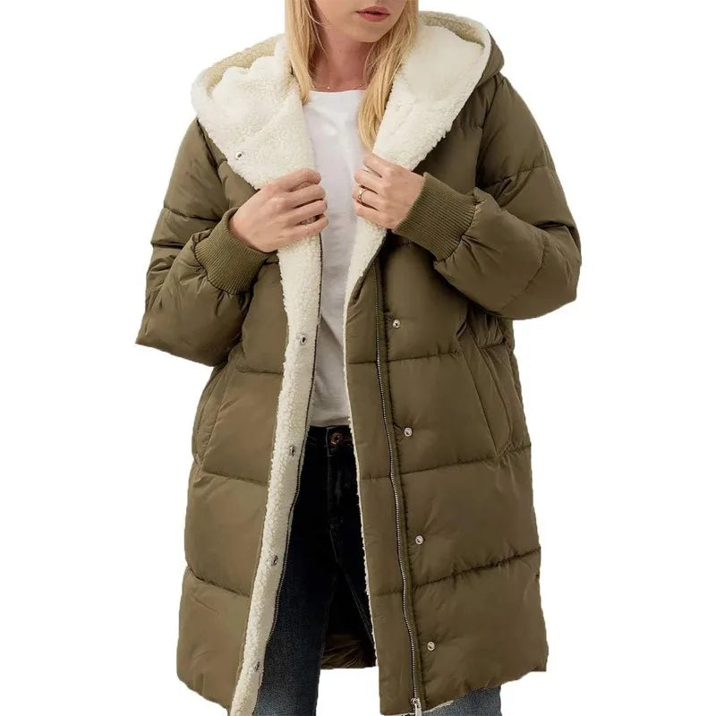 Damen Langer Steppmantel mit Kapuze und Teddyfutter, Winter Warme Jacke