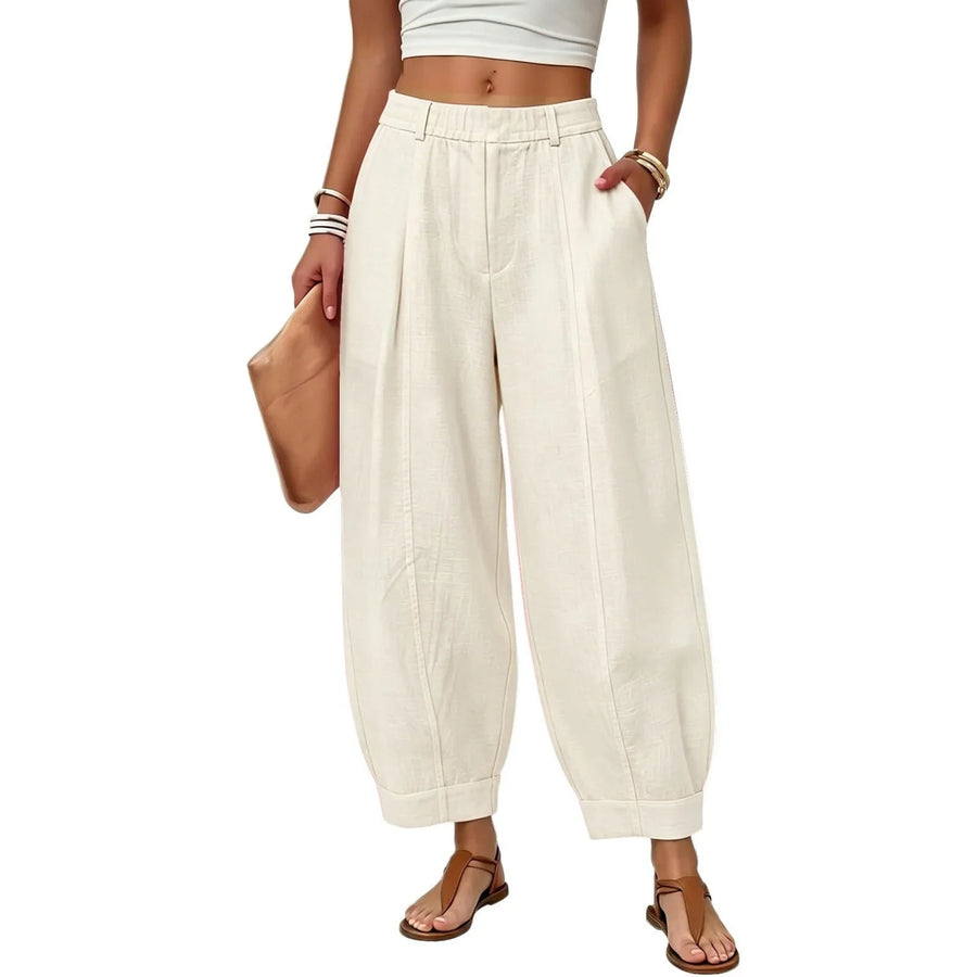 Dames linnen broek met wijde pijpen, hoge taille, elastisch, vrijetijdsbroek