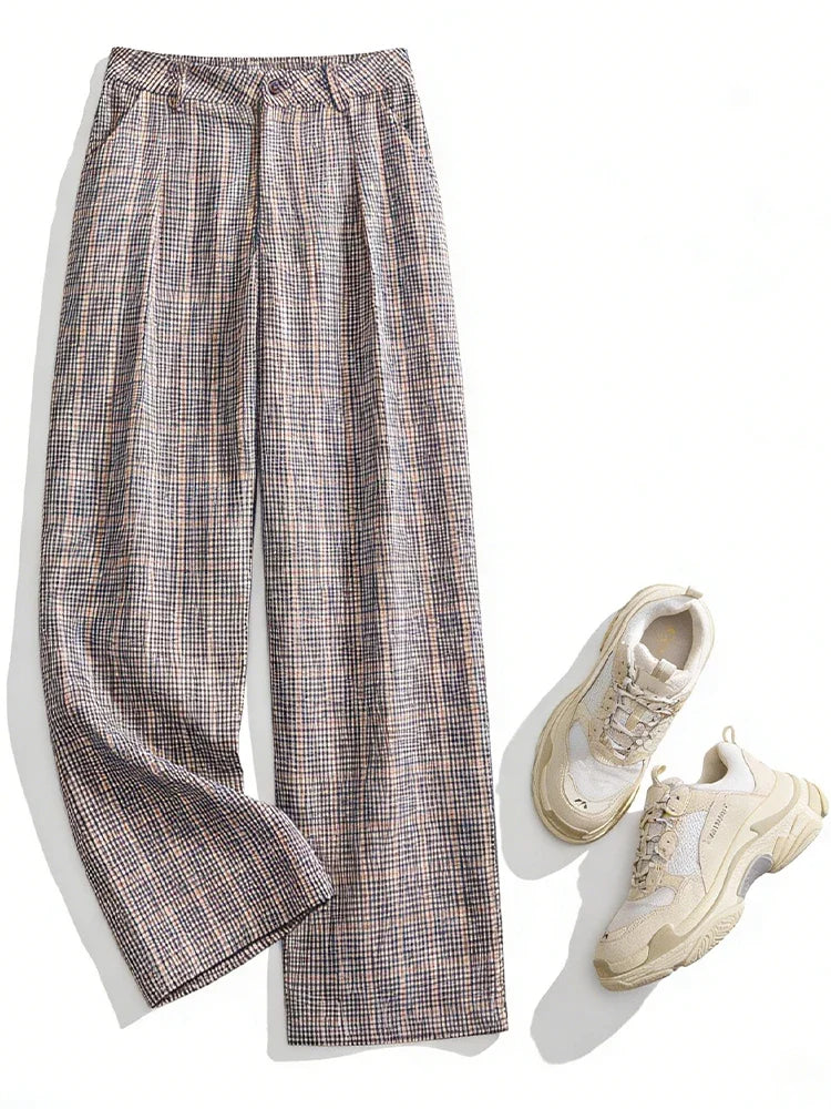 Geruite wide-leg broek voor dames met plooien, beige en bruin
