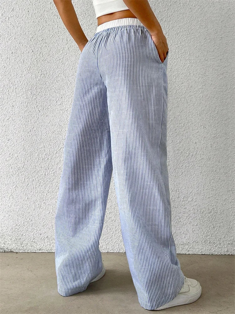 Dames gestreepte broek met wijde pijpen, elastische tailleband, trekkoord en geplooide look