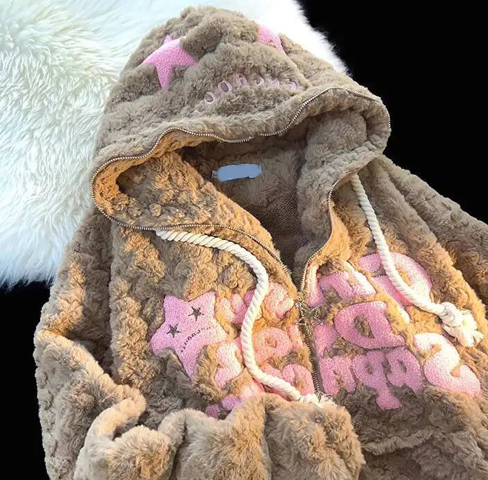 Flauschiger Hoodie mit Sternen & Reißverschluss für Damen