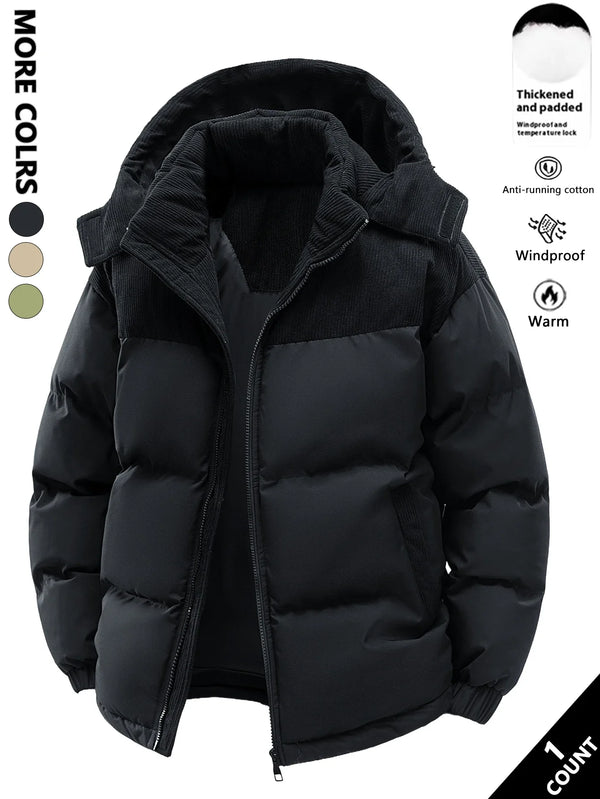 Winter Steppjacke mit Kapuze und Cord-Details für Herren, warm und winddicht