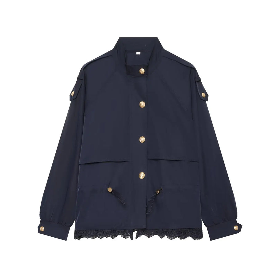 Damen Jacke Stehkragen Spitze Saum Kurz Bolero Optik