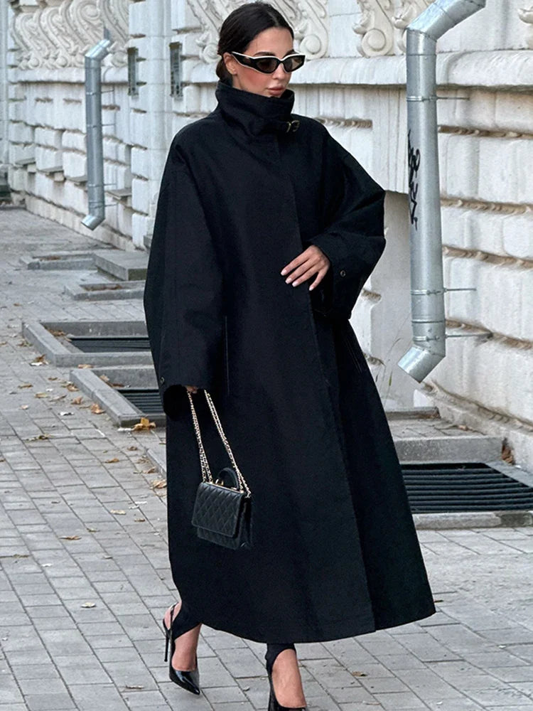 Damen Oversize Trenchcoat Mantel Lang Glockenärmel Stehkragen Gürtel Freizeit Jacke