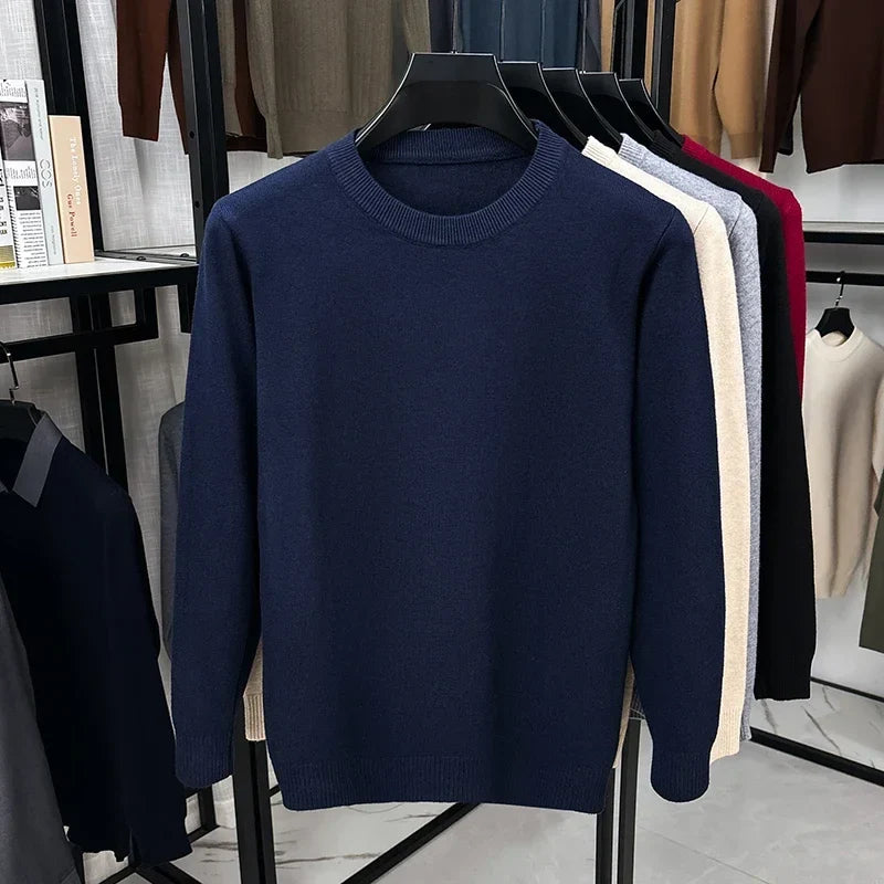 Herenpullover met ronde hals, lange mouwen en effen kleur