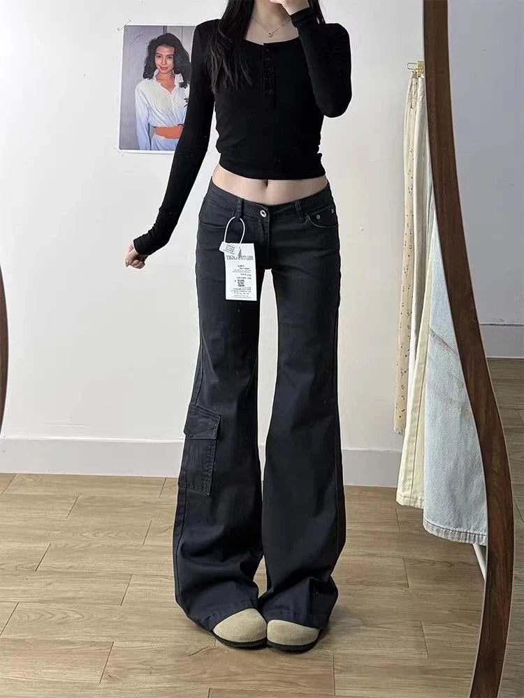 Damen Cargo-Jeans Weites Bein Dunkelgrau