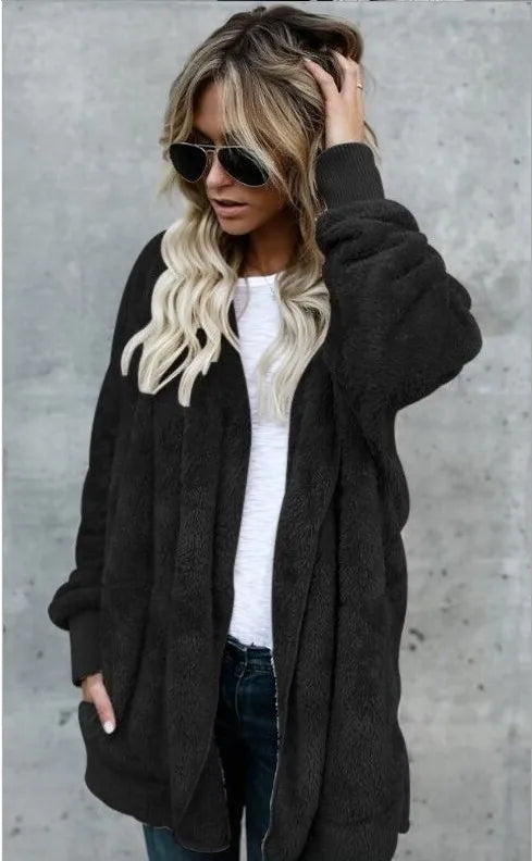 Damen Flauschige Strickjacke mit Kapuze und langen Ärmeln - Beigebraun