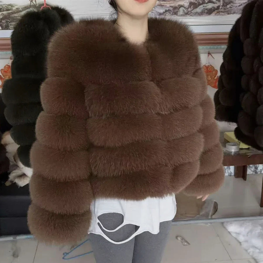 Damen Kurzjacke mit Kunstfell, Winterjacke mit gerippten Ärmeln, warmer Pelzmantel