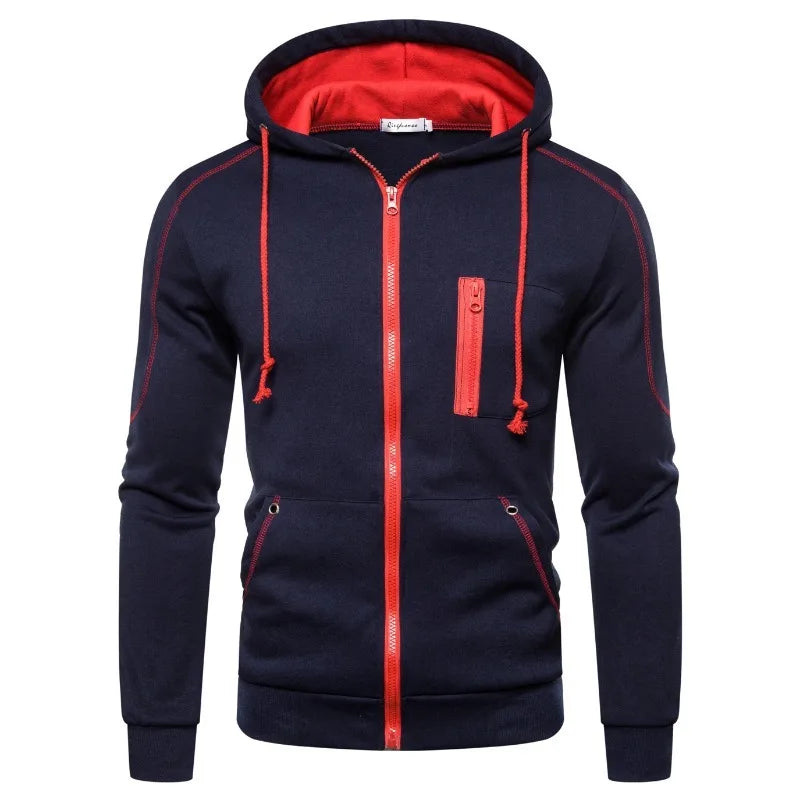 Herenhoodie met rits, contrasterende kleuren en zijzakken
