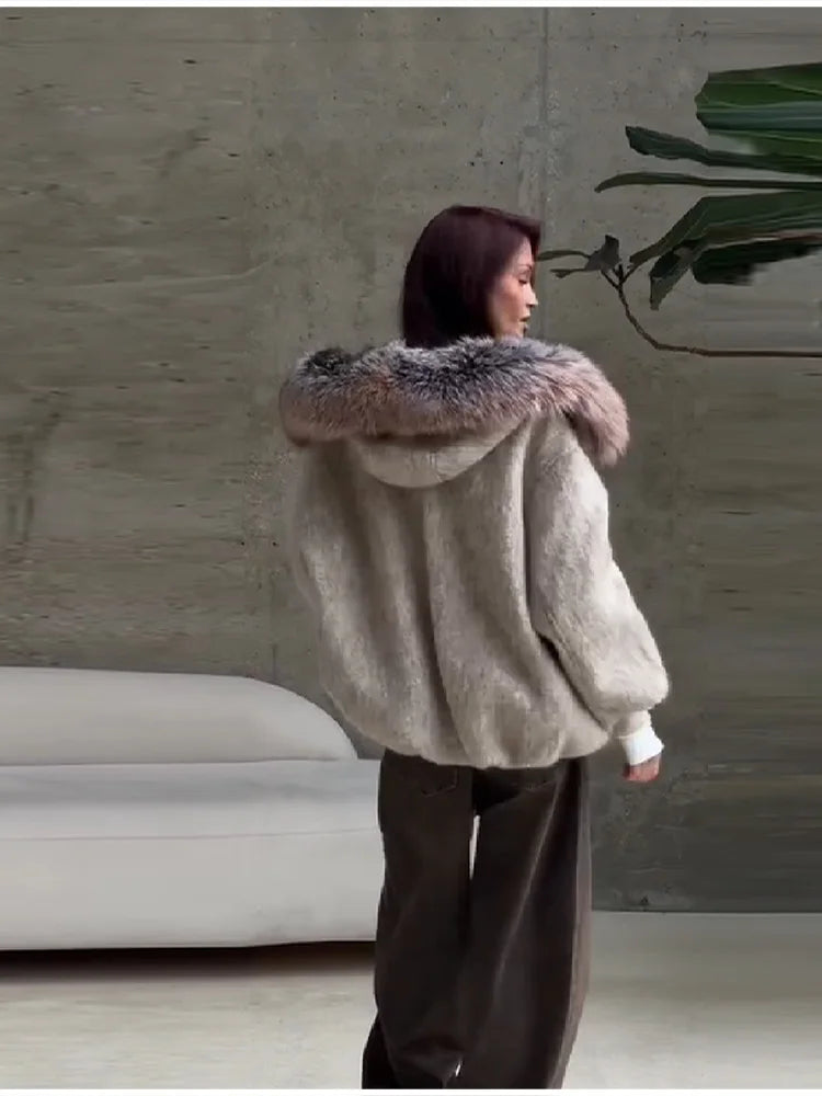 Damen Jacke Kurz Winterjacke mit Kunstpelzkragen Reißverschluss Grau