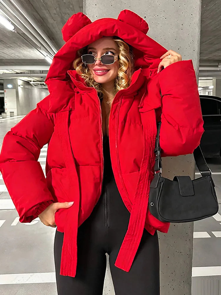 Damen Steppjacke mit Ohren-Kapuze Kurz Gefüttert
