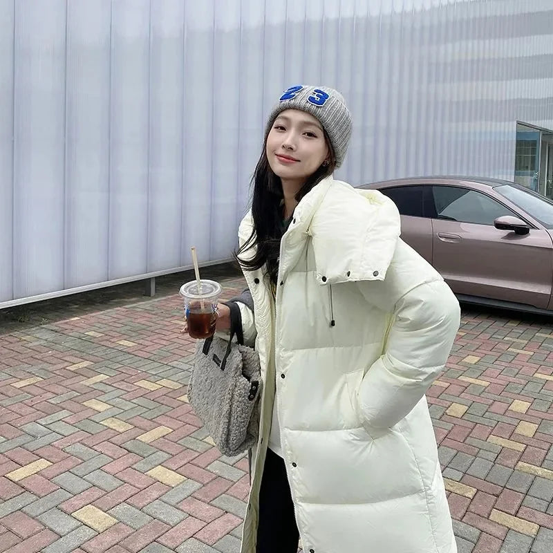 Lange Damen Winter Steppjacke mit Kapuze, gepolsterter Wintermantel