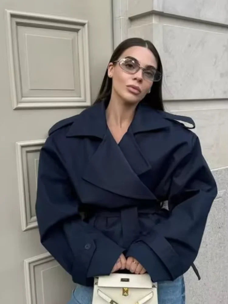 Damen Oversize Trenchcoat Mantel Lang Glockenärmel Stehkragen Gürtel Freizeit Jacke