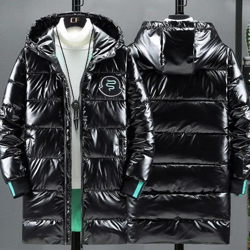 Unisex Glänzender Daunenmantel mit Kapuze – Schwarz oder Silber, Lang, Steppdesign