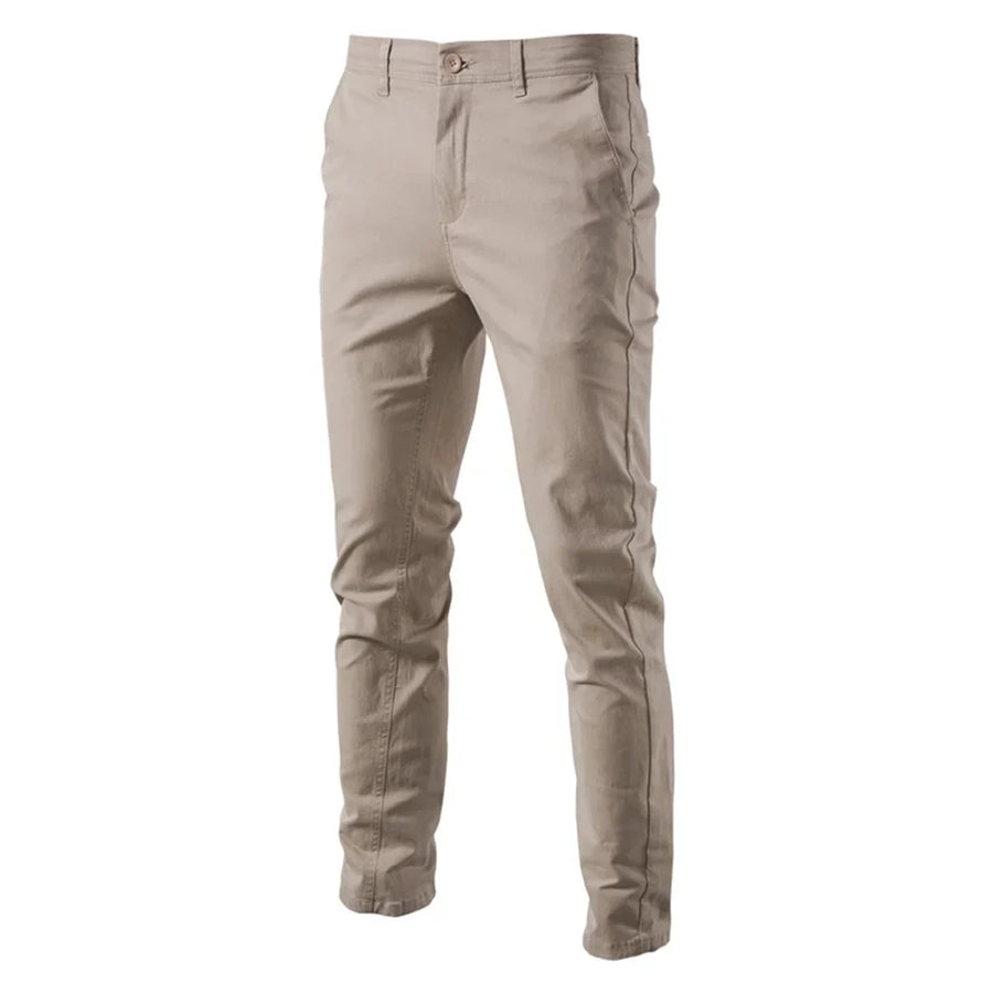 Chinobroek voor heren in kaki, slim fit casual broek met knoopsluiting