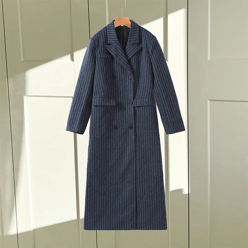 Damen Langer Mantel Doppelreiher Marineblau Nadelstreifen