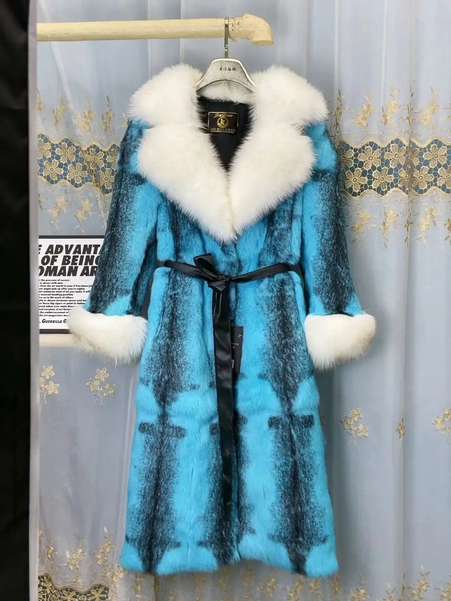 Damen Wintermantel aus Kunstpelz mit breitem Kragen und Gürtel