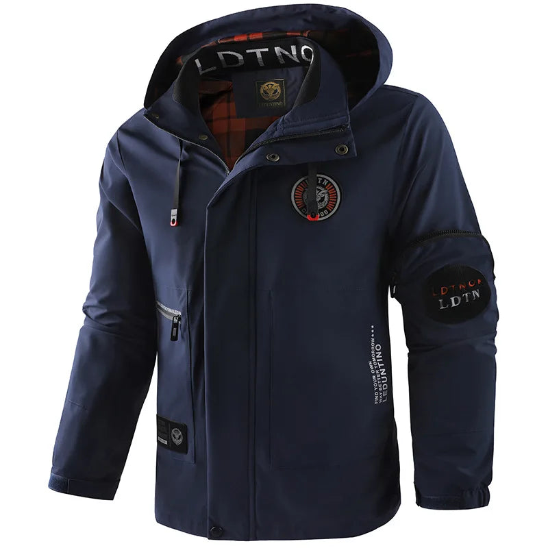 Herren Outdoor Jacke mit Kapuze & Reißverschluss, Winddichte Übergangsjacke mit Taschen