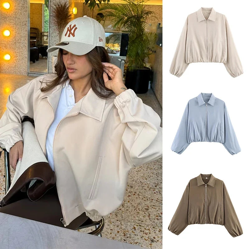 Damen Kurzjacke mit Reißverschluss, Kragen und Gummizugsaum
