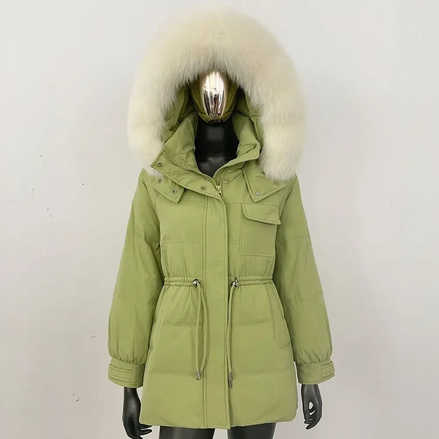 Damen Winterjacke Parka mit Kapuze Kunstfellbesatz Tunnelzug Creme