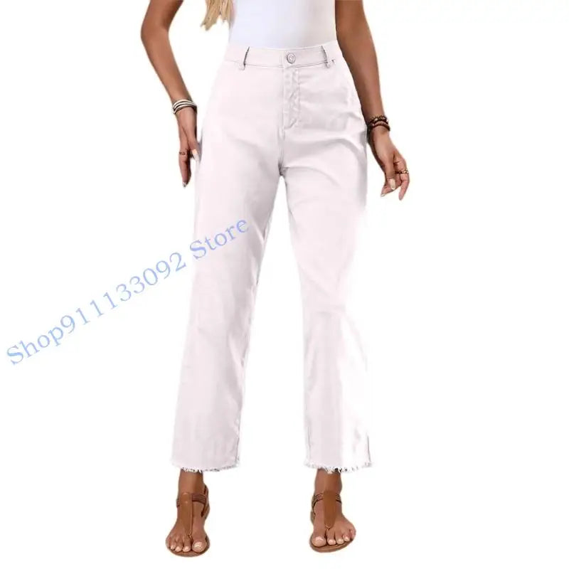 Damen Stoffhose mit geradem Bein, Hoher Bund & Fransen Saum – Beige