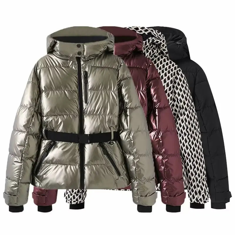 Damen Daunenjacke mit Kapuze und Gürtel, Schwarz