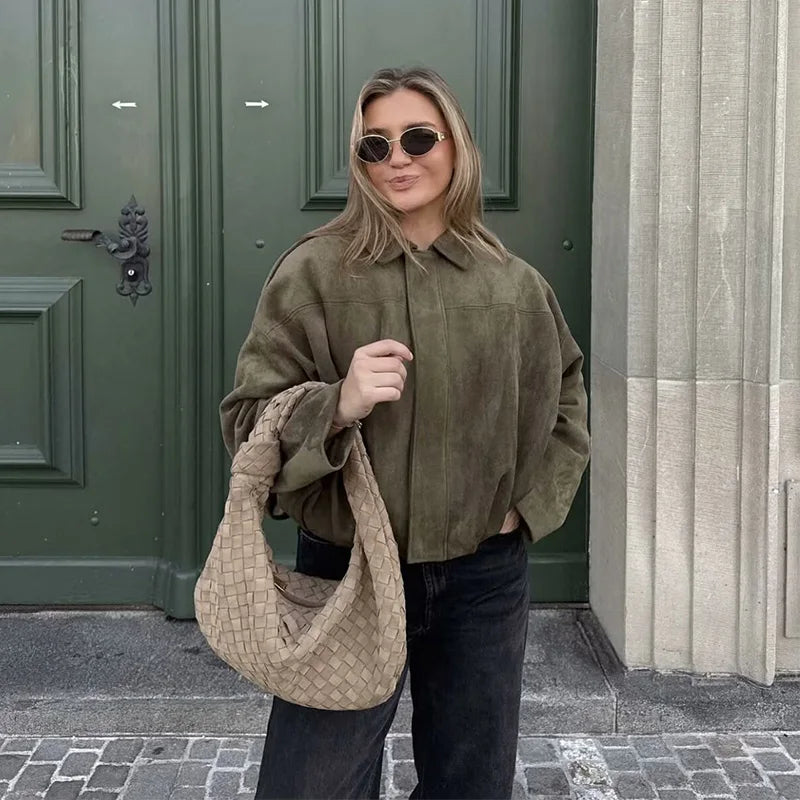 Kurze Jacke Damen Bomberjacke im Pilotenstil Übergangsjacke Grün Beige