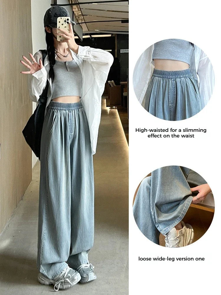 Damen Baggy Hose mit weitem Bein und elastischem Bund - Weit geschnittene Freizeithose in Jeans-Optik