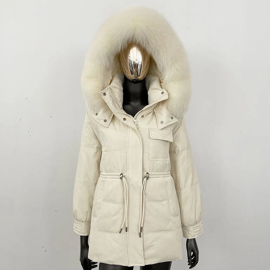 Damen Winterjacke Parka mit Kapuze Kunstfellbesatz Tunnelzug Creme
