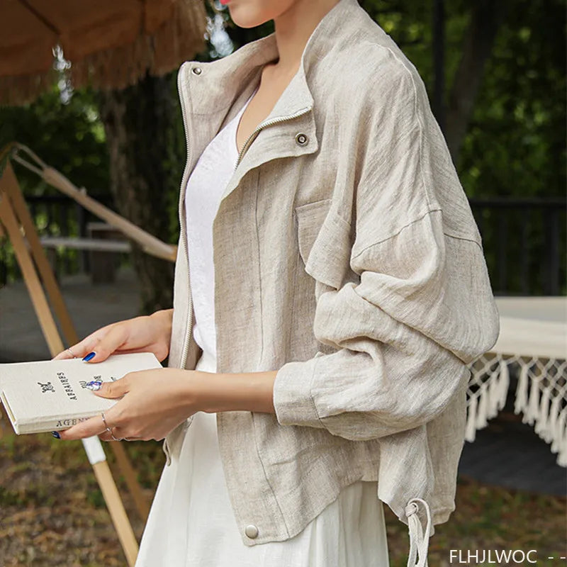 Damen Leichte Jacke Beige mit Reißverschluss & Brusttaschen Stehkragen Kurz Blouson