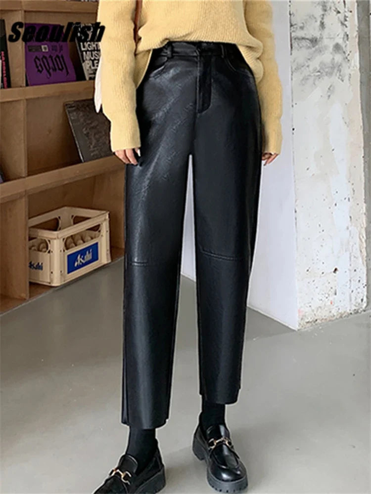 Damen Hose im Leder-Look Weites Bein Schwarz Burgund