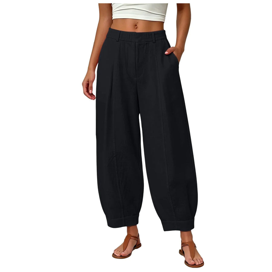 Dames linnen broek met wijde pijpen, hoge taille, elastisch, vrijetijdsbroek