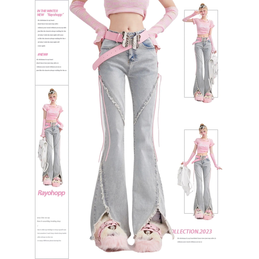 Dames-bell-bottombroek met veterdetails, lichtblauw, wijde pijpen, used-look