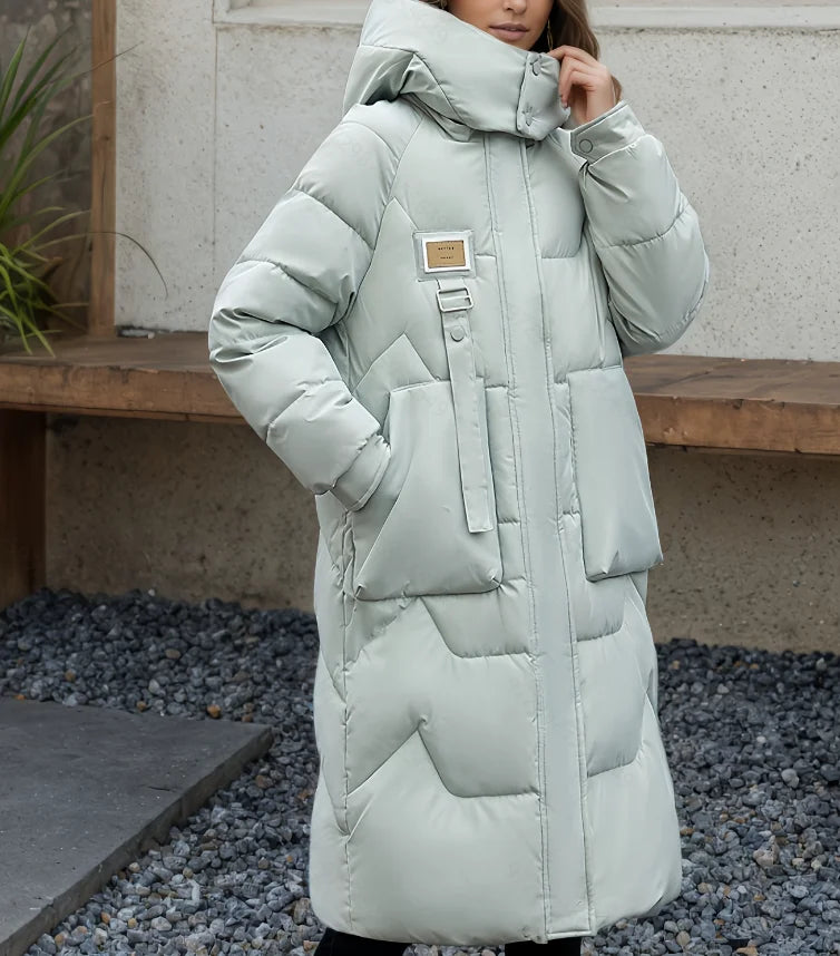 Damen Langer Steppmantel mit Kapuze – Warm & Winddicht Schwarz