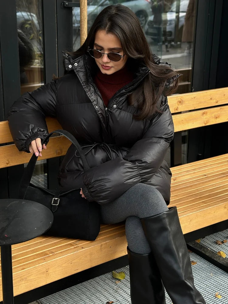 Damen Pufferjacke mit Gürtel Winter Jacke Stehkragen