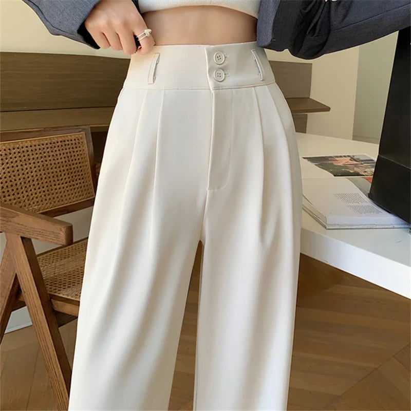 Wijde damesbroek met hoge taille, plooien en knoopsluiting
