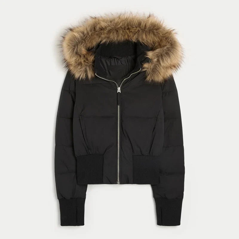 Damen Bomberjacke mit Kapuze und Kunstpelzbesatz