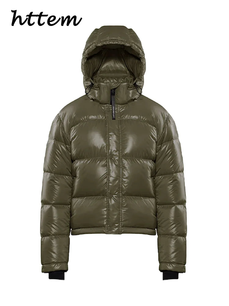 Damen Steppjacke mit Kapuze glänzend Khaki