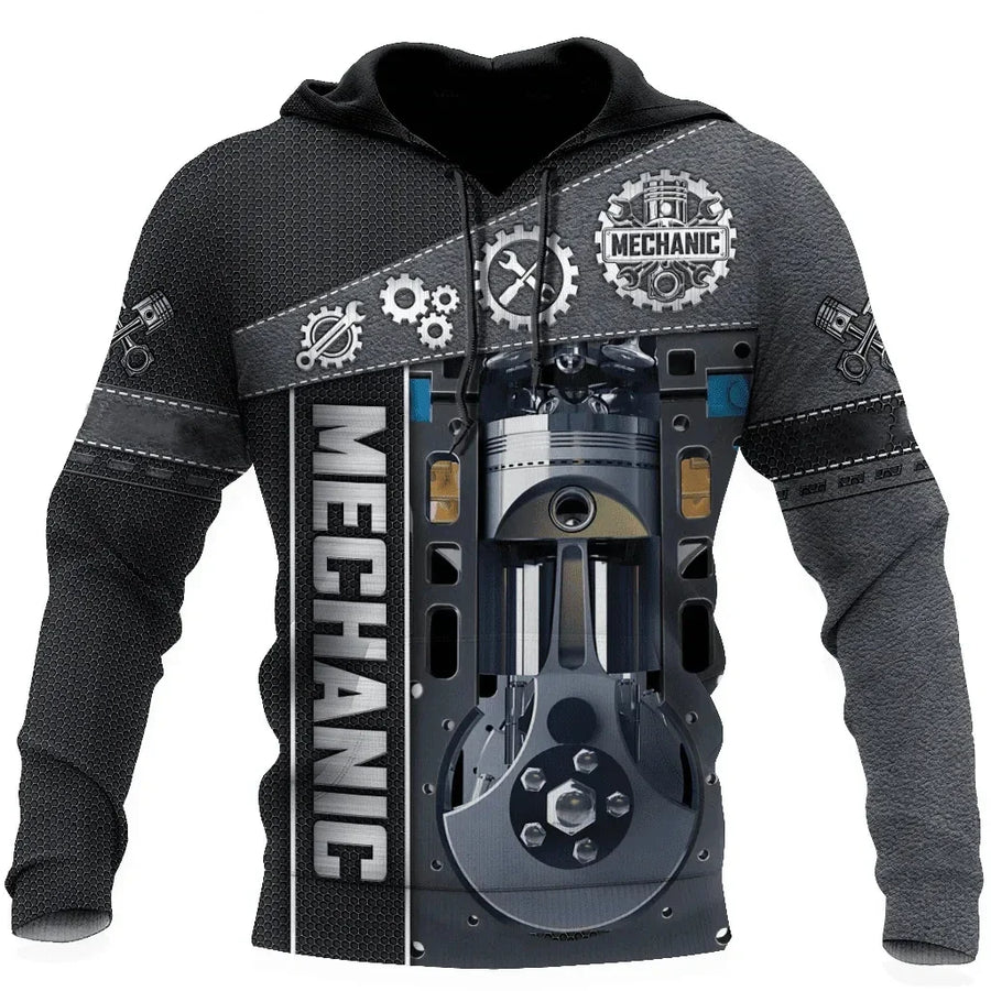 Kapuzenpullover Herren Hoodie Mechaniker-Design Motor Kolben Werkzeug Schwarz Grau