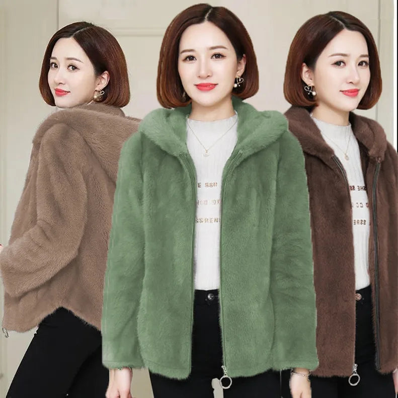 Damen Kurzjacke Kapuzenjacke Plüsch Teddy-Look mit Reißverschluss