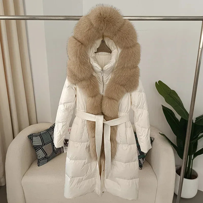 Damen Winter Steppmantel Lang mit Kapuze und Kunstpelzbesatz Gürtel