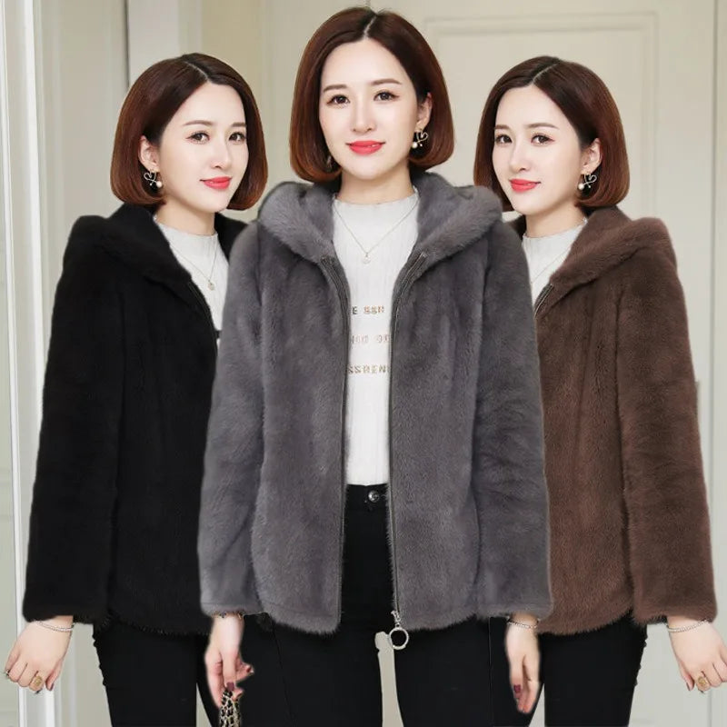 Damen Kurzjacke Kapuzenjacke Plüsch Teddy-Look mit Reißverschluss