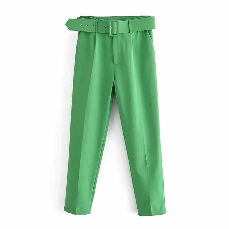 Damen Stoffhose High Waist mit Gürtel Elegante Hose mit geradem Bein