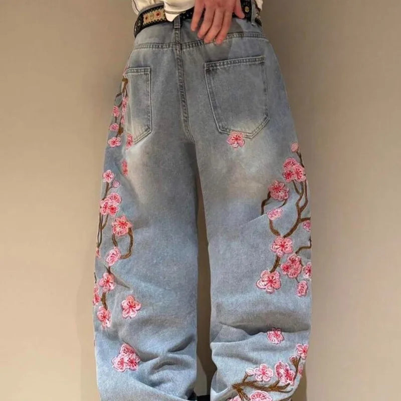 Weite Jeans im Baggy-Stil mit Blumenstickerei für Damen