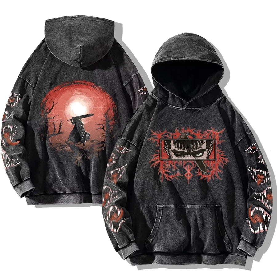 Vintage hoodie met capuchon en kangoeroezak – Berserk-print