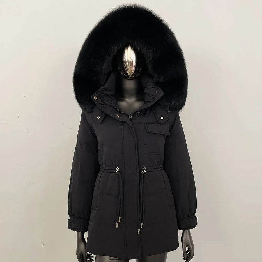 Damen Winterjacke Parka mit Kapuze Kunstfellbesatz Tunnelzug Creme