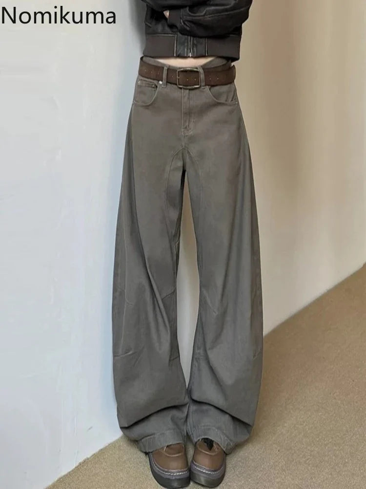 Loose-fit broek met wijde pijpen voor dames, baggy stijl, donkergrijs