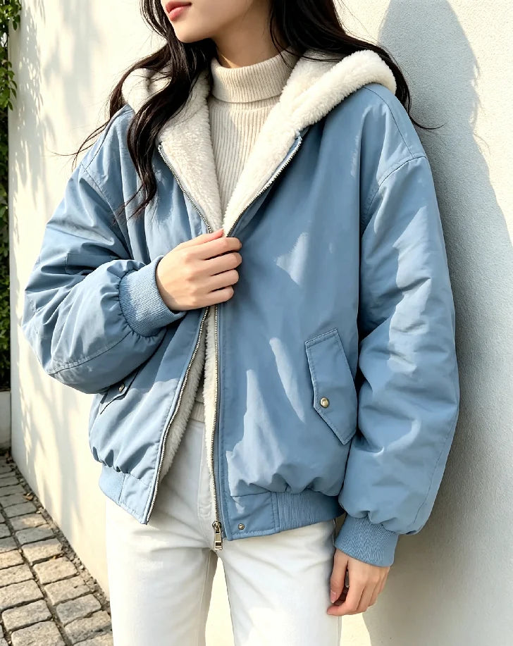 Damen Wendejacke mit Kapuze Teddyfutter Bomberjacke Warm