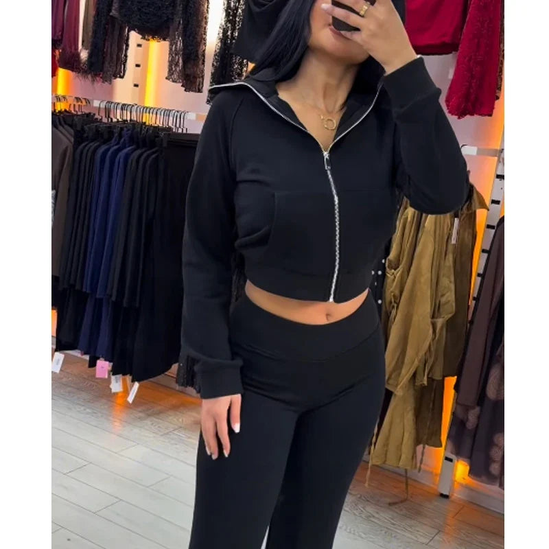 Damen Sportlicher Hoodie mit Reißverschluss & Flare Hose Set